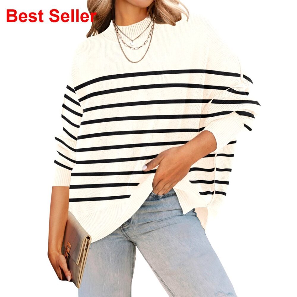 Oversized Ribbed Knit Pullover Sweater with Side Slit and Batwing Sleeves
